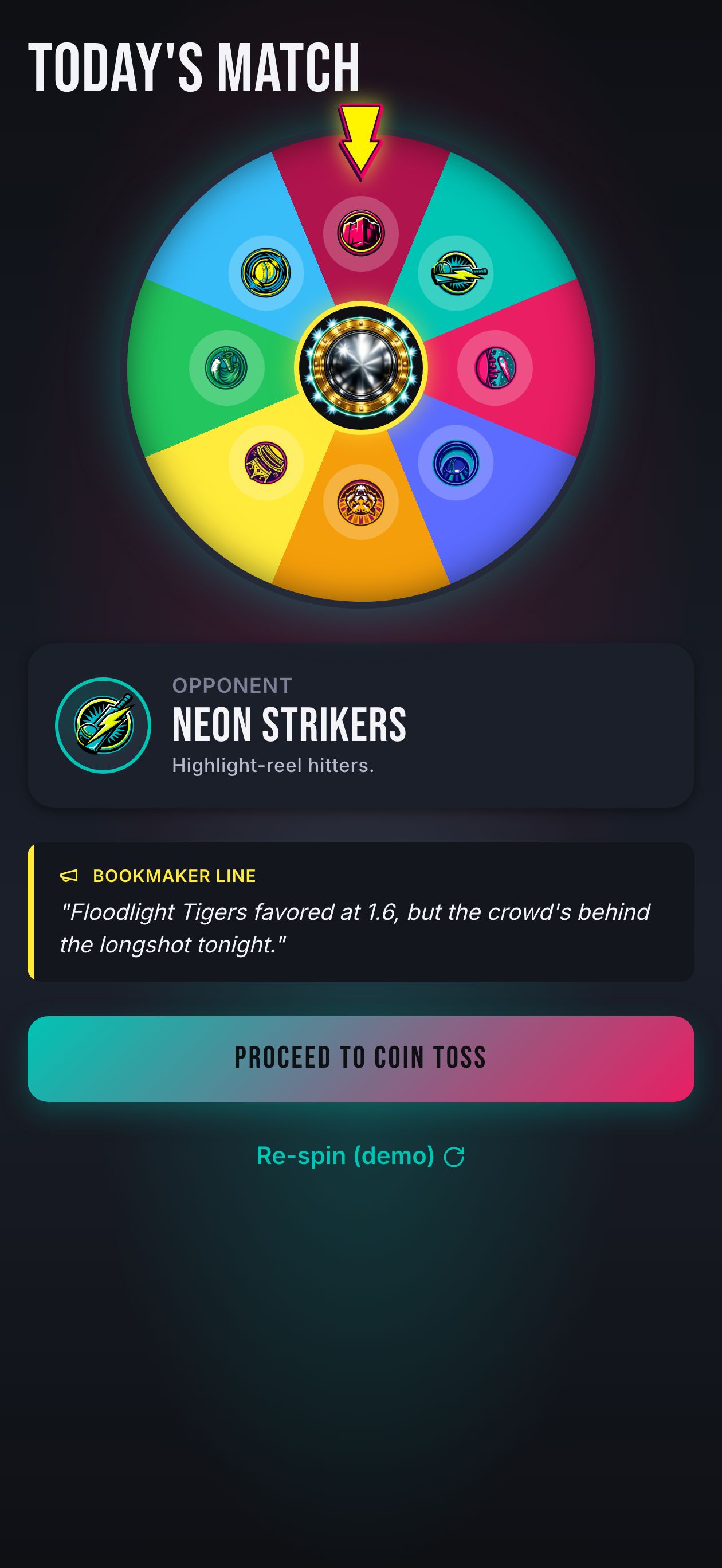 Match-Day Wheel and pre-match screen