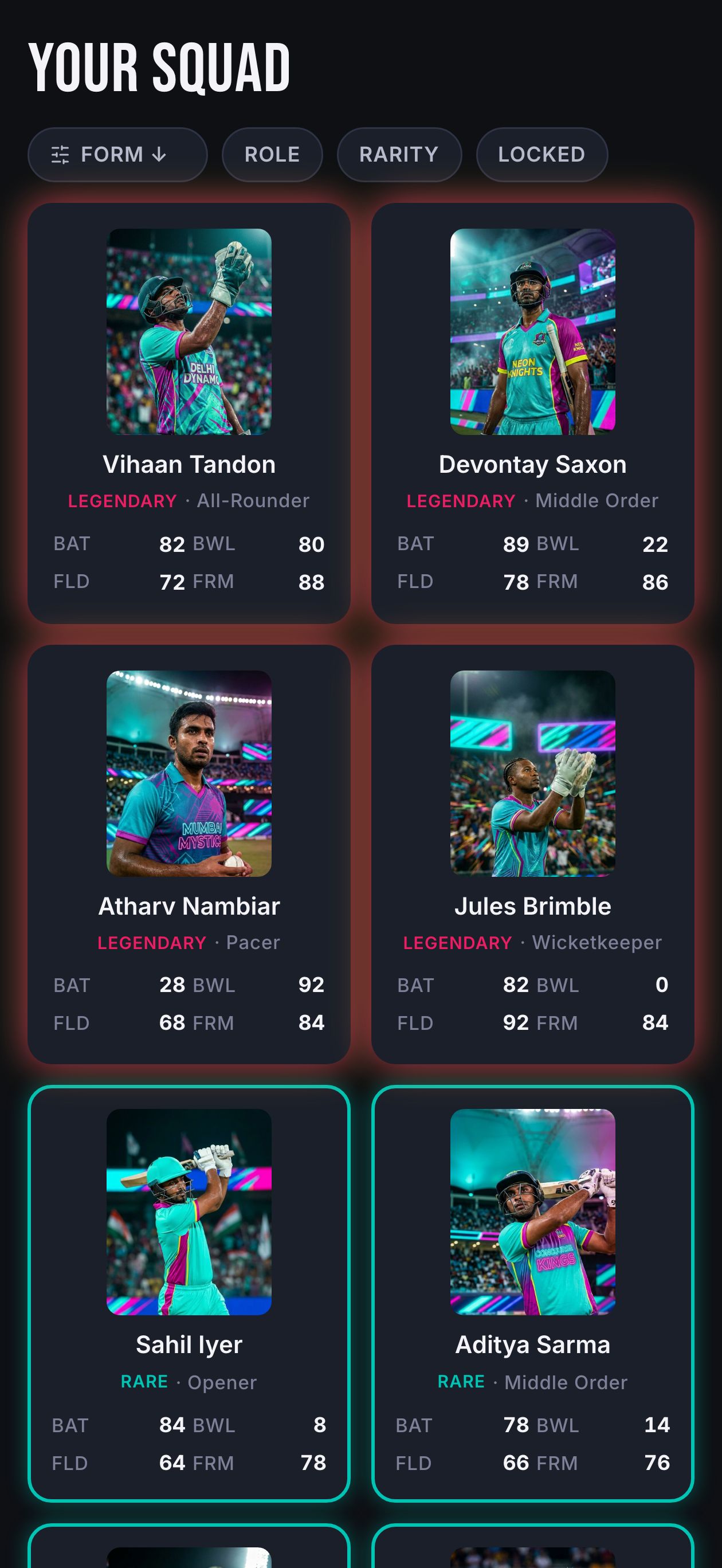 Your squad &mdash; 40 players with rarity frames